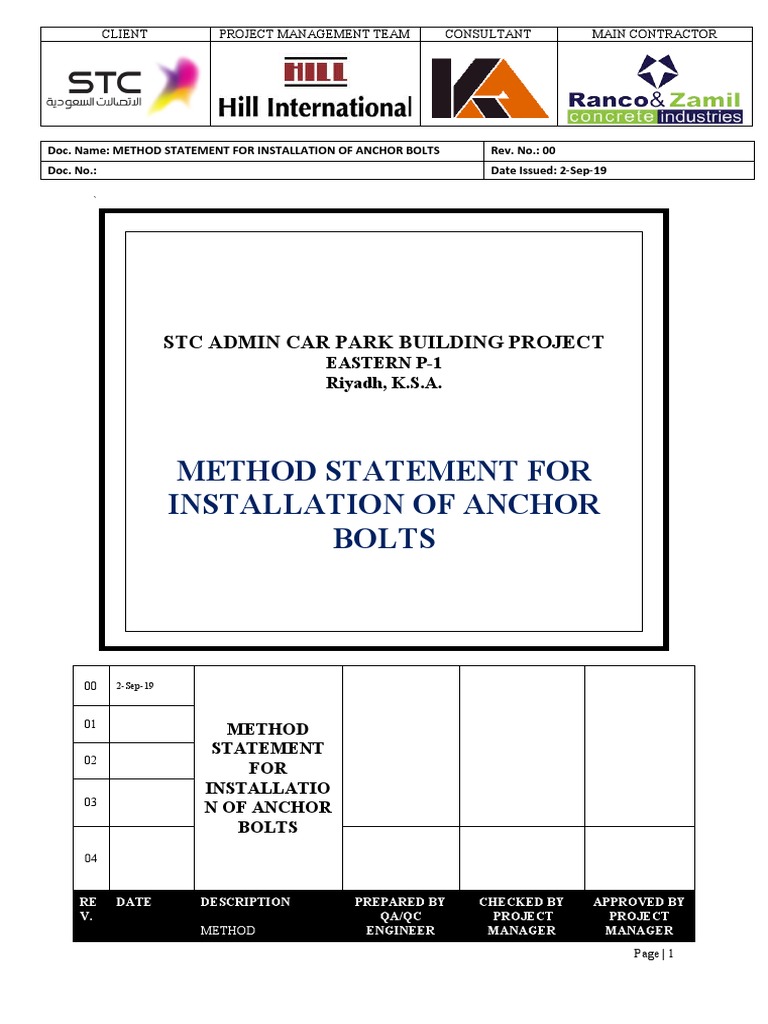 METHOD STATEMENT FOR INSTALLATION ANCHOR BOLTS | PDF | Screw ...