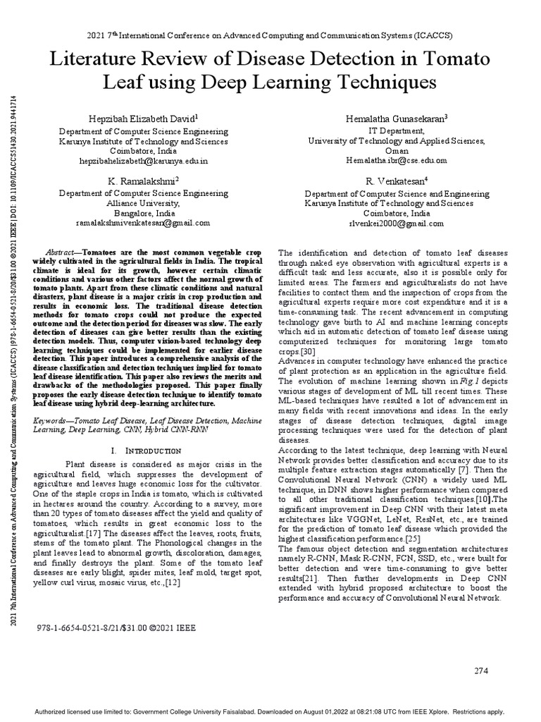 Literature Review of Disease Detection in Tomato Leaf Using Deep ...