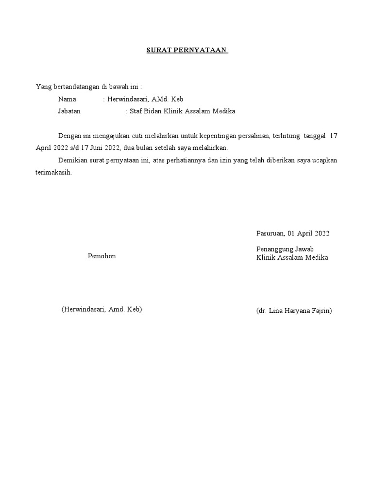 Surat Pernyataan Cuti Melahirkan 2 Pdf Sains Matematika