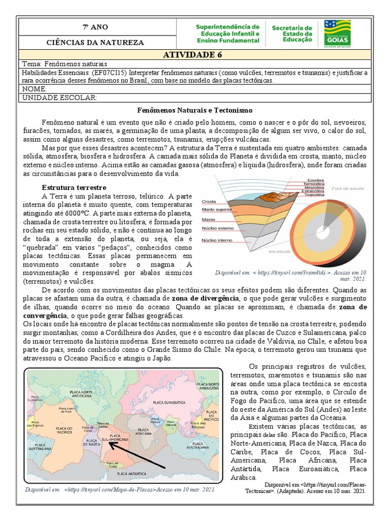 ATIVIDADE 6 7o ANO CN FENOMENOS NATURAIS | PDF | Terremotos | Vulcão