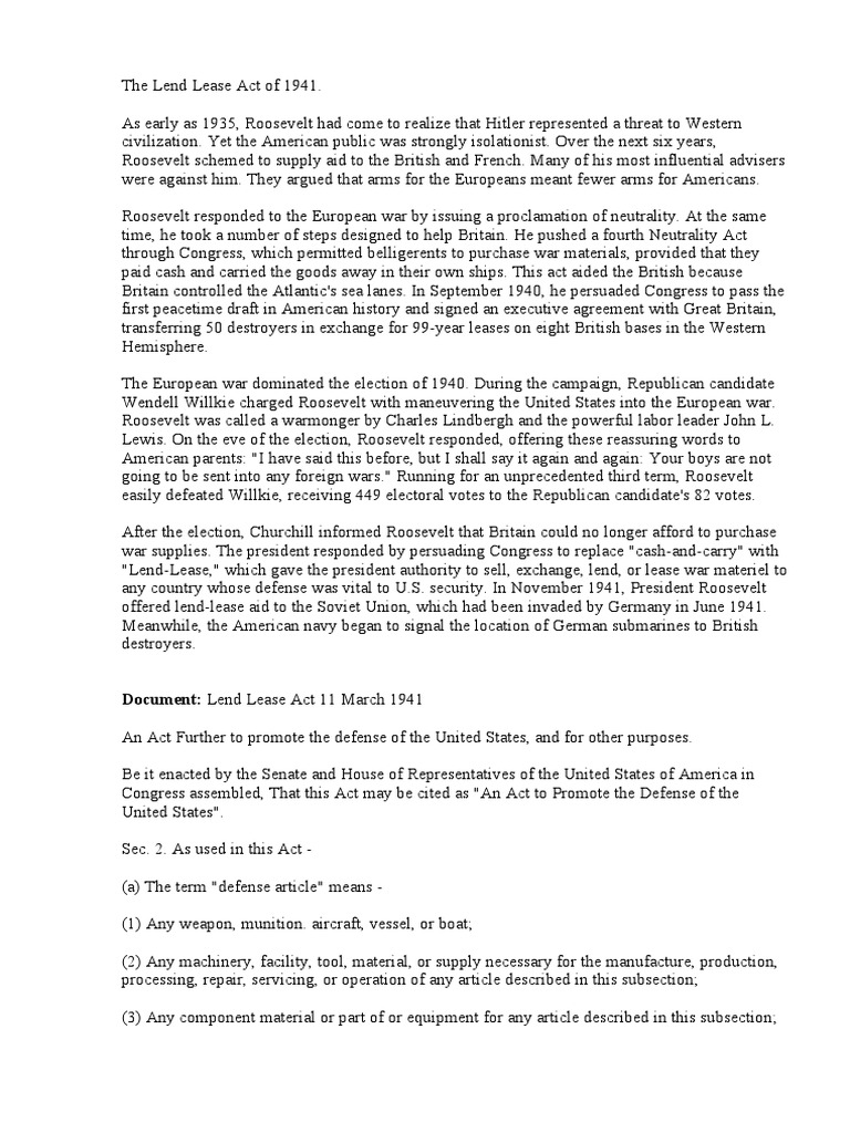 The Lend Lease Act of 1941 PDF Franklin D. Roosevelt Lend Lease