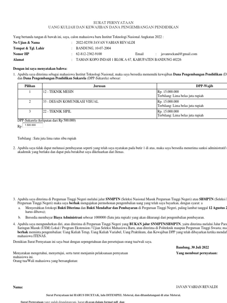 Surat Pernyataan Itenas | PDF