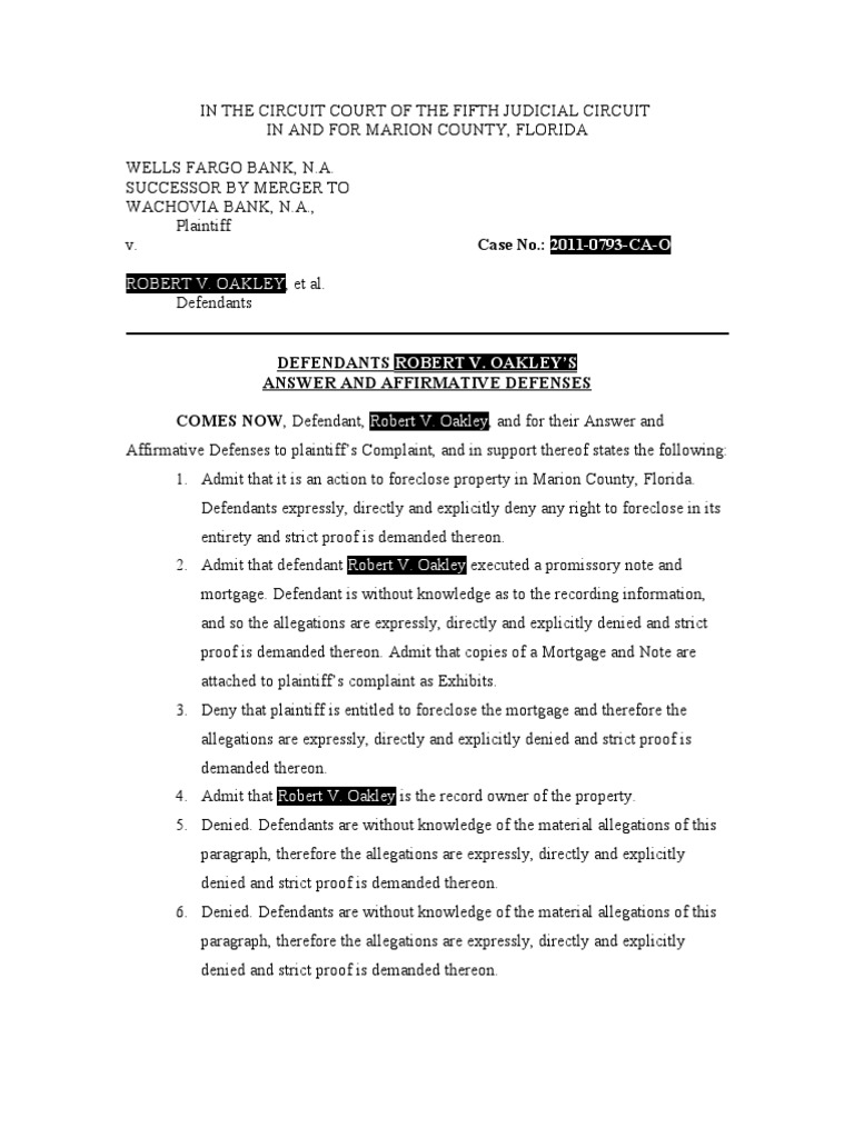 Florida Foreclosure Answer & Defenses | PDF | Foreclosure | Lawsuit