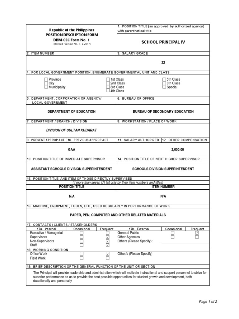Position Description Form Dbm Csc Form No. 1