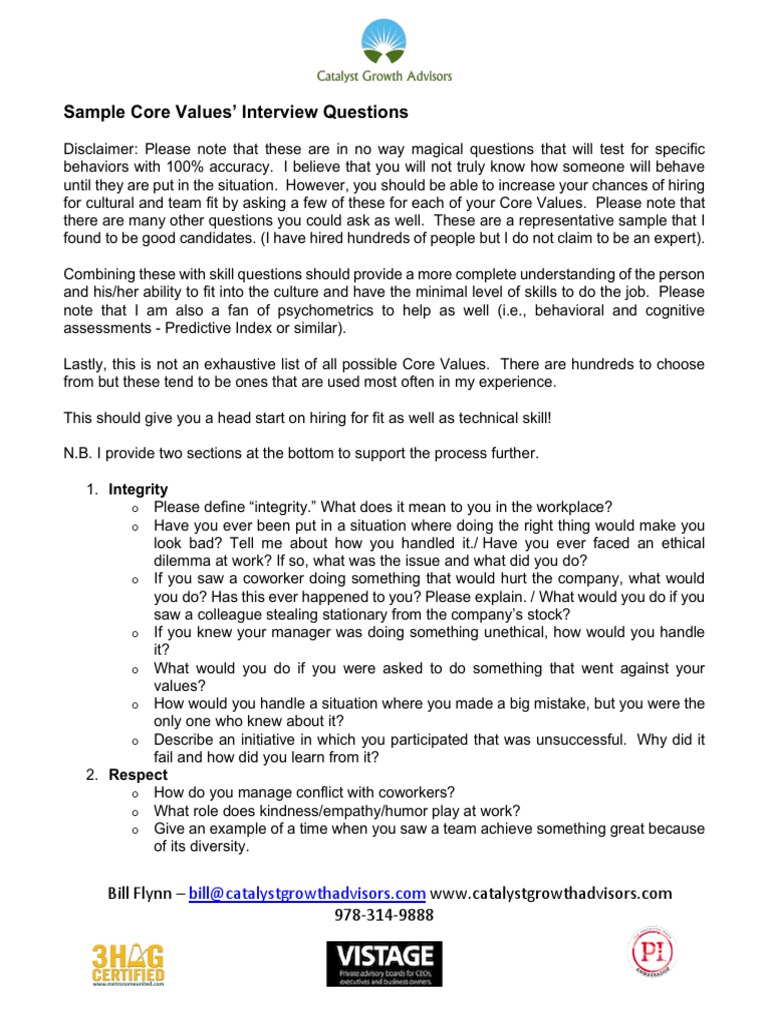 Sample Interview Questions To Test For Core Values | PDF | Curiosity ...