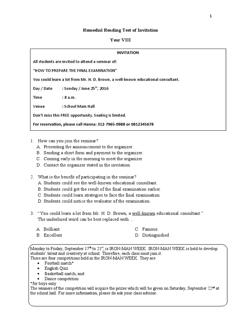 Remedial Kelas 8 Invitation PDF
