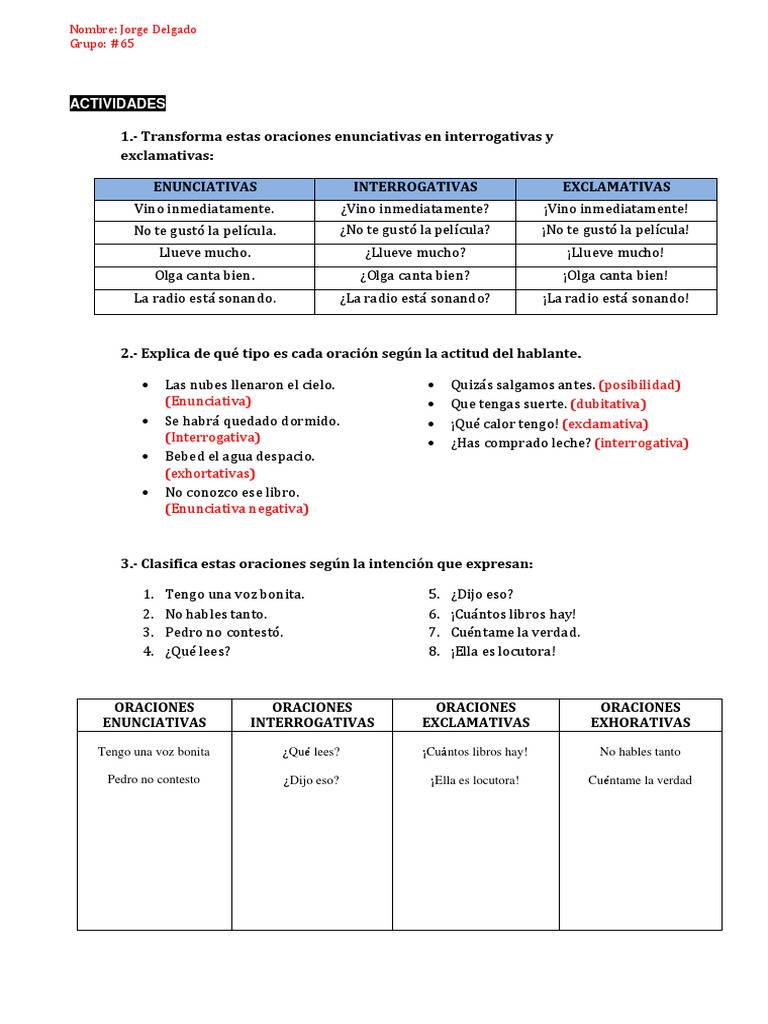 Taller Clases de Oraciones Jorge Delgado | PDF | Artes del Lenguaje y ...