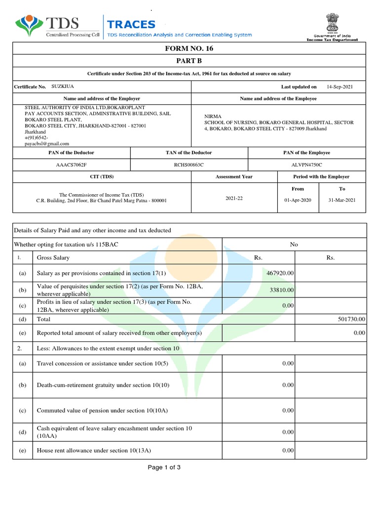 Certificate of Tax Deducted at Source on Salary for the Assessment Year