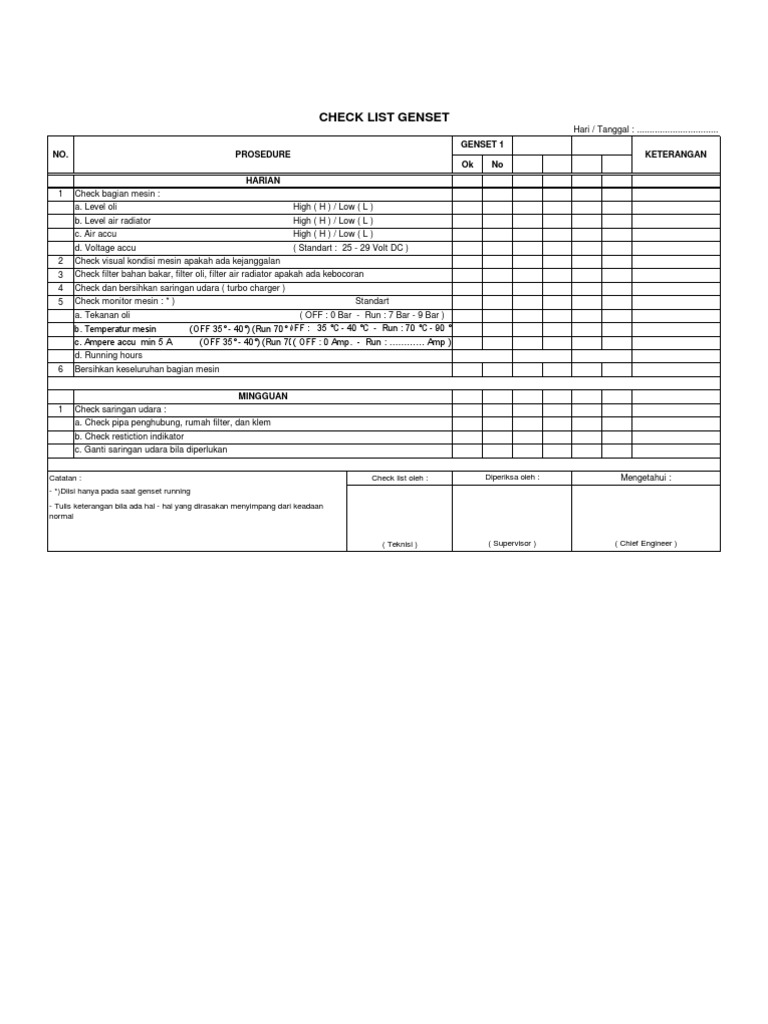 Checklist Pemeliharaan Genset Harian dan Mingguan | PDF