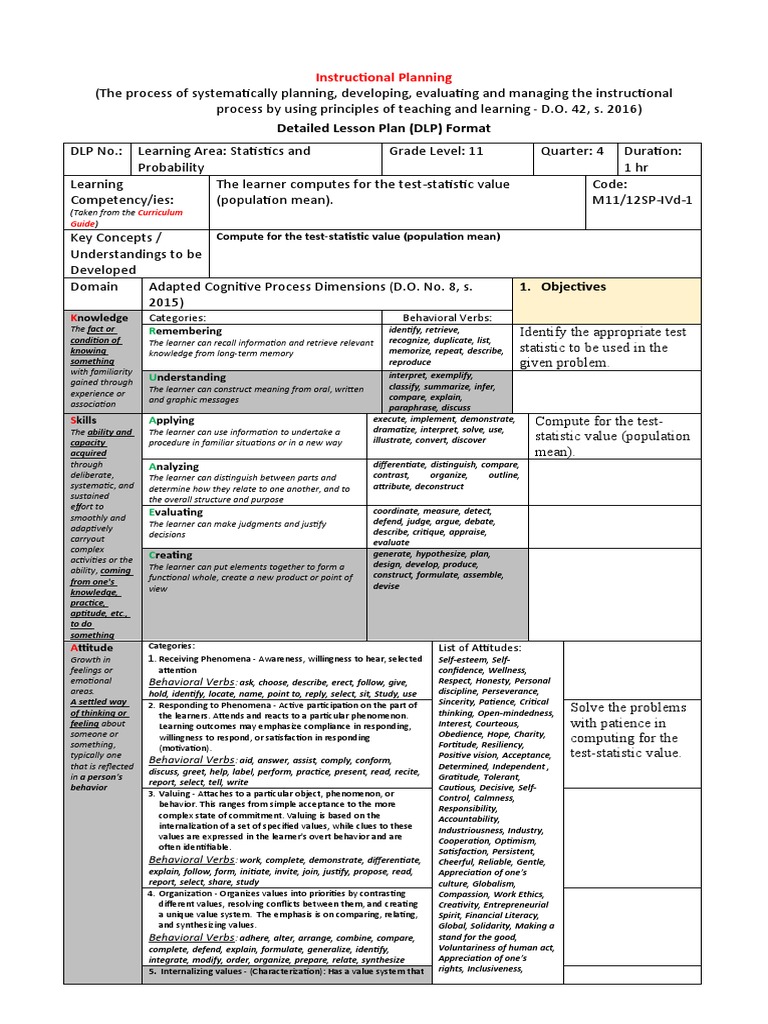 Grade 11 Statistics DLP: Test Statistic | PDF | Learning | Educational ...