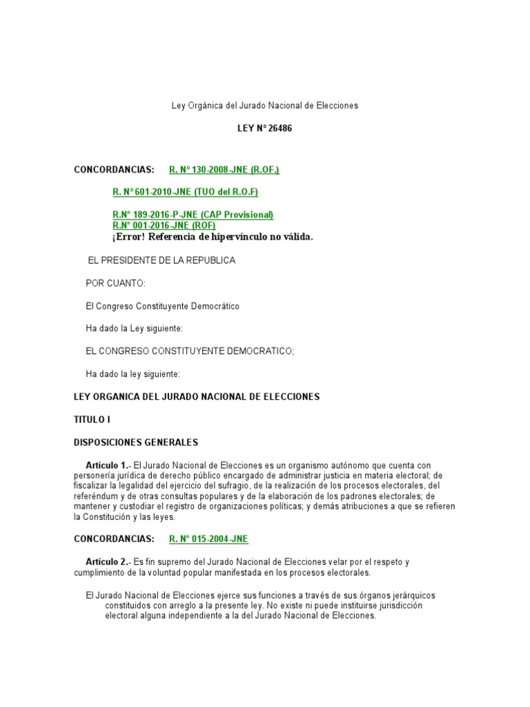 Ley #26486. Ley Orgánica Del Jurado Nacional de Elecciones | PDF ...