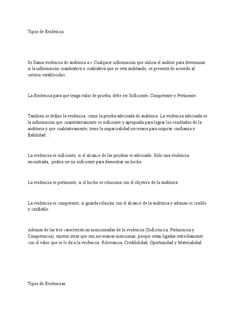Tipos de Evidencias | PDF | Negocios | Finanzas y dinero