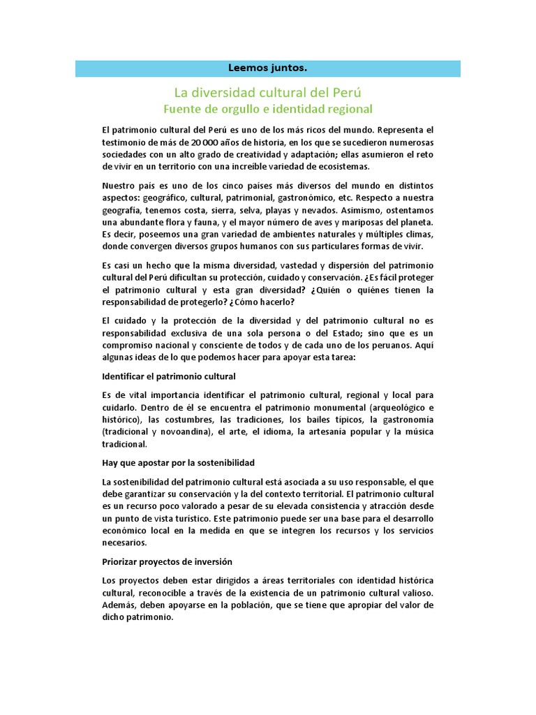 Diversidad Cultural y Patrimonio en Perú | PDF | Patrimonio cultural | Perú