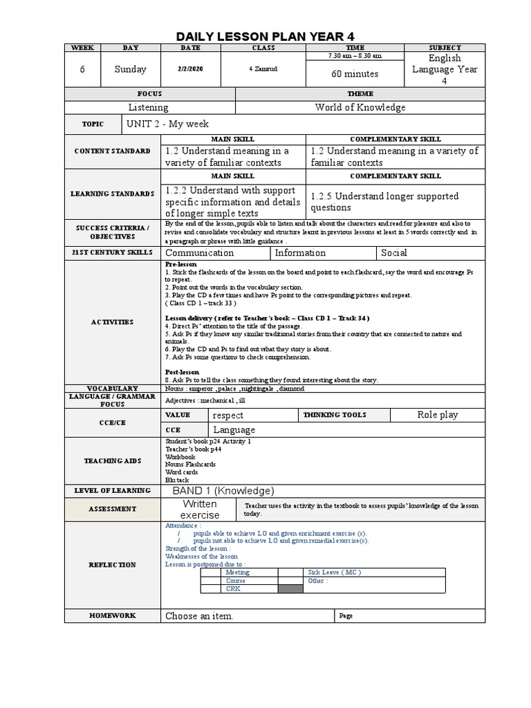 Year 4 English Lesson Plan | PDF | Lesson Plan | Vocabulary