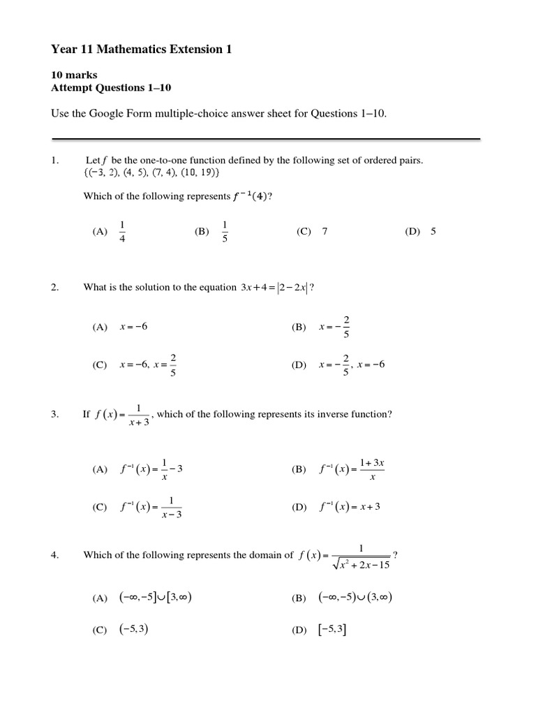 Year 11 Mathematics Extension 1: Use The Google Form Multiple-Choice ...