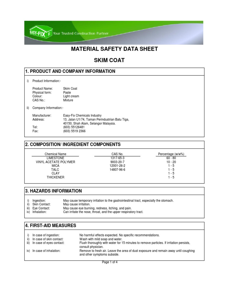 Material Safety Data Sheet Skim Coat 1. Product and Company