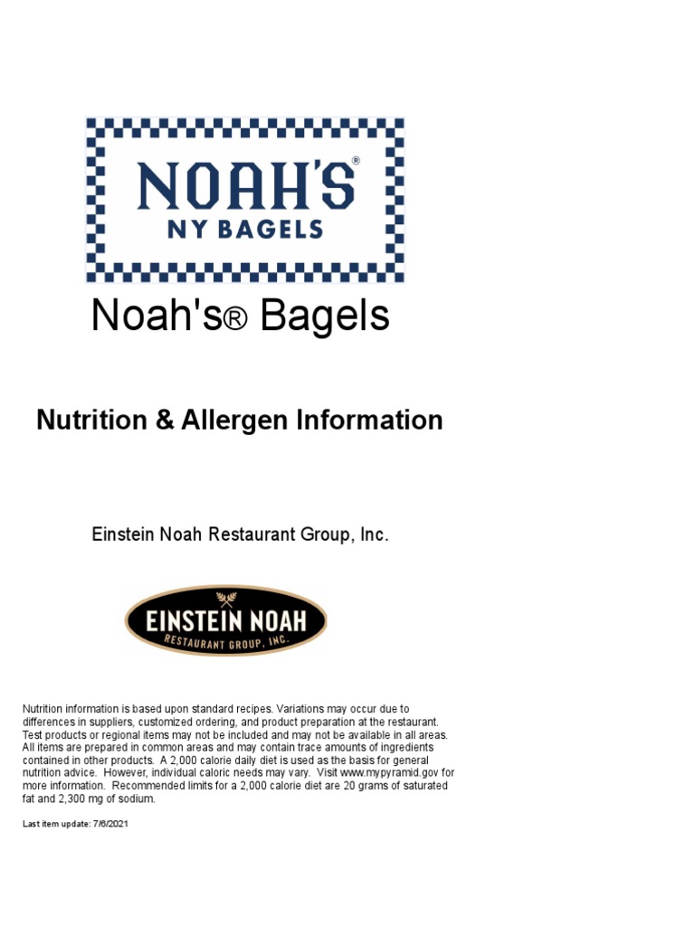 Noah's Bagels Nutrition & Allergen Information PDF Fat Nutrition Facts Label