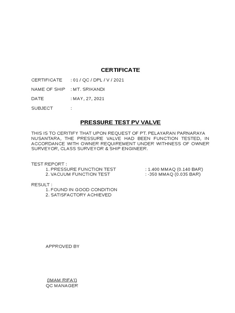 Certificate Pressure Test PV Valve MT. Srikandi | PDF | Technology ...