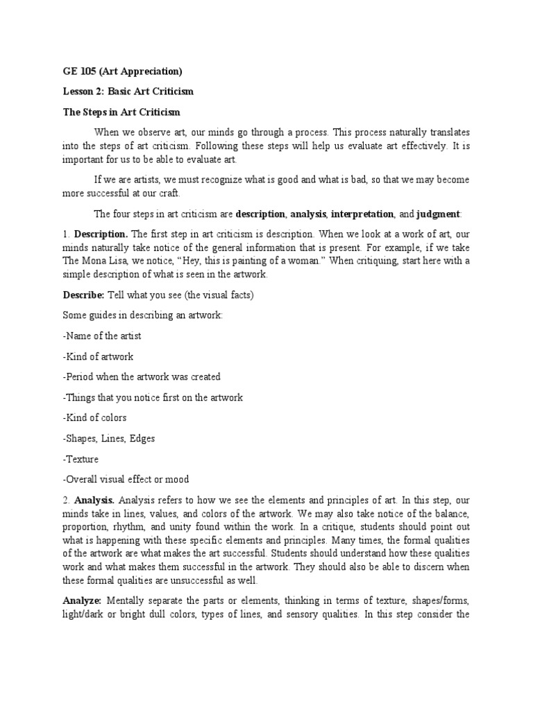 GE 105 (Art Appreciation) Lesson 2 Basic Art Criticism The Steps in Art Criticism PDF