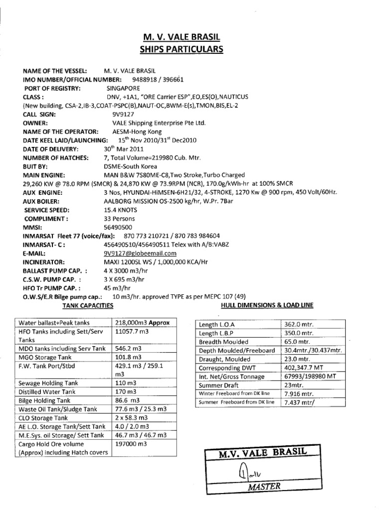 Mv Vale Brasil Ship S Particulars