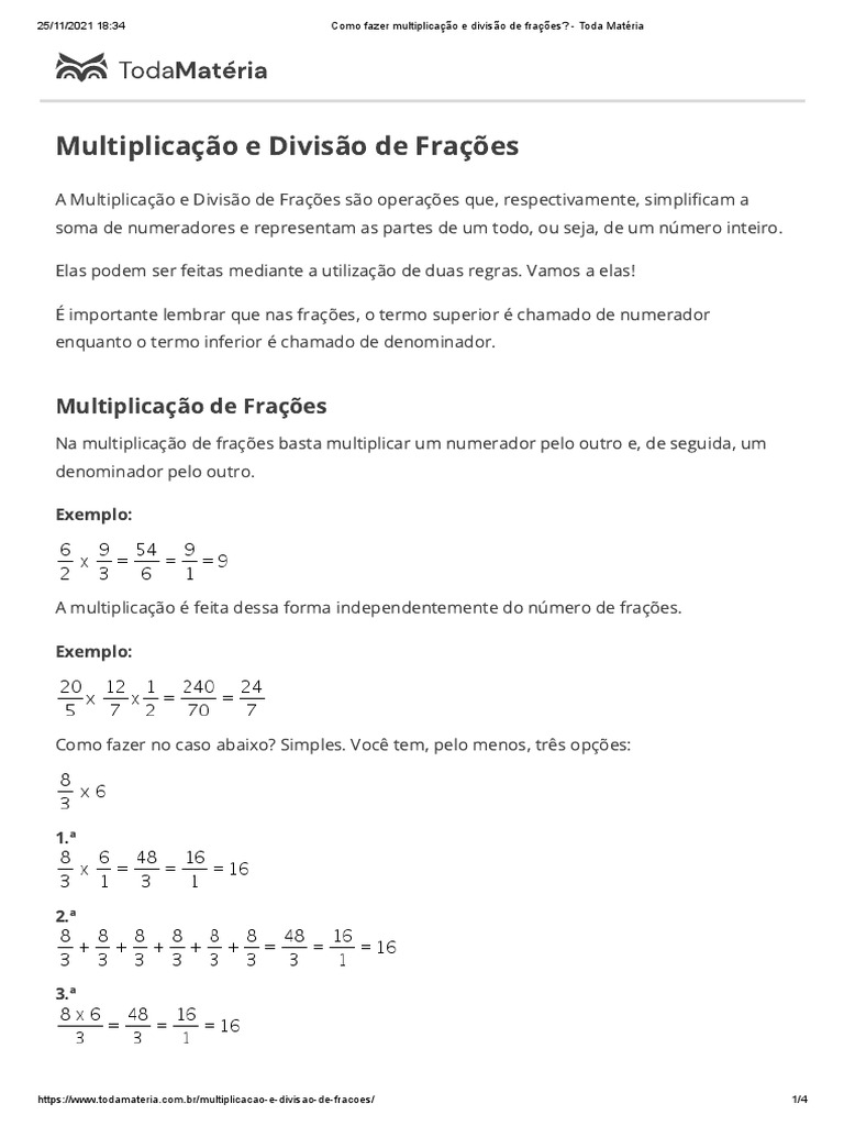 Como Fazer Multiplicação e Divisão de Frações - Toda Matéria | PDF ...