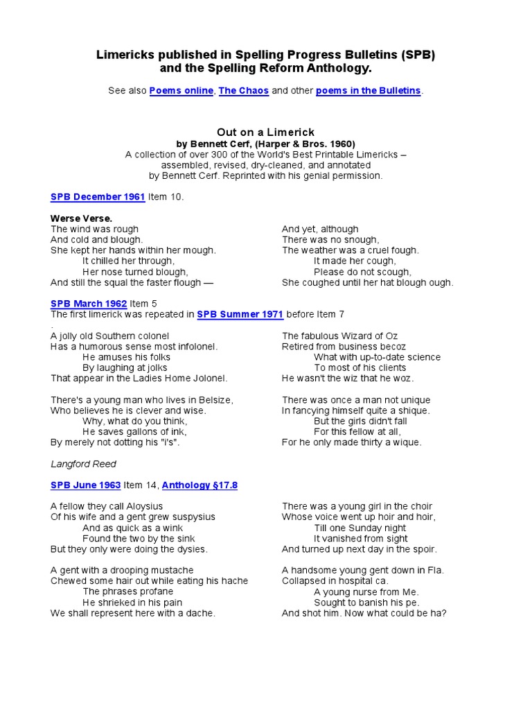 Limericks from Spelling Progress Bulletins | PDF | Art | Poetry