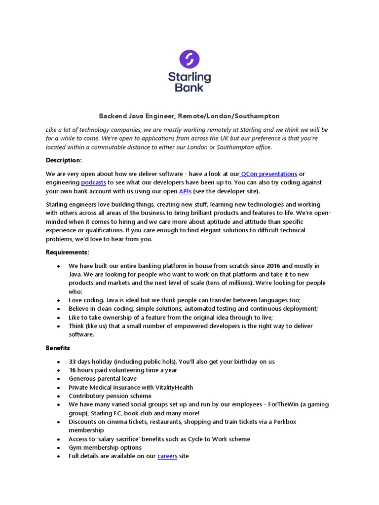 Starling Bank - Backend Java Engineer | PDF | Java (Programming ...