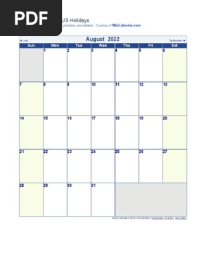 August 2022 Holiday Calendar