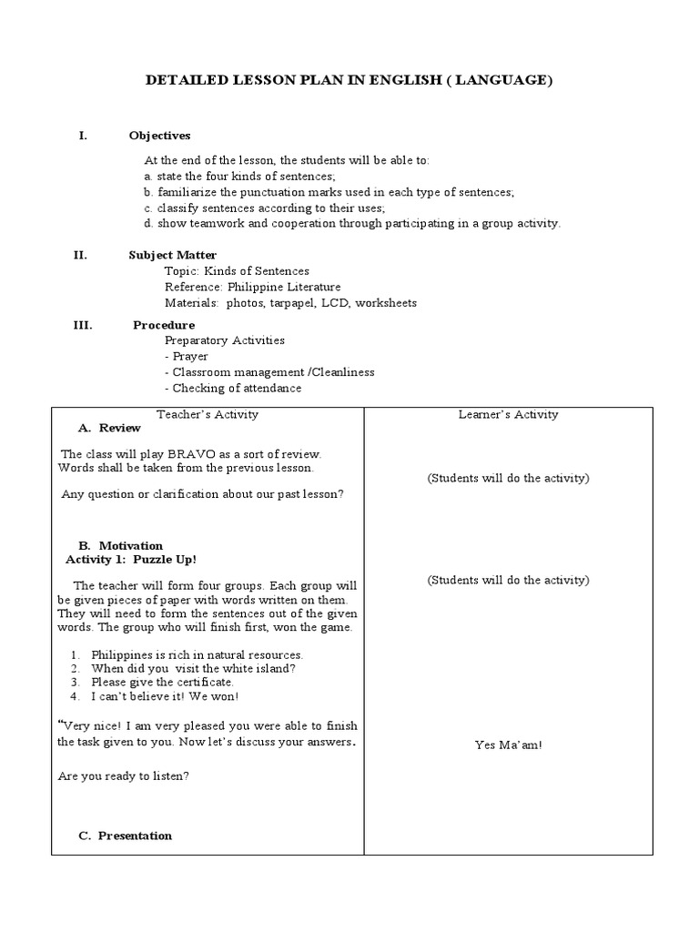 Detailed Lesson Plan in English (Language) : I. Objectives | PDF ...