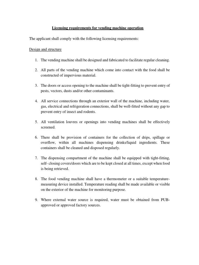 Licensing Requirements For Vending Machine Operation PDF Foods