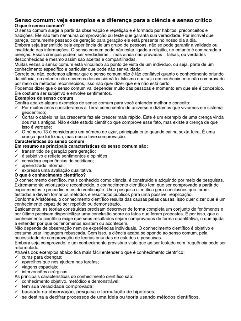 Diferenças entre Senso Comum e Crítico | PDF | Science | Método científico
