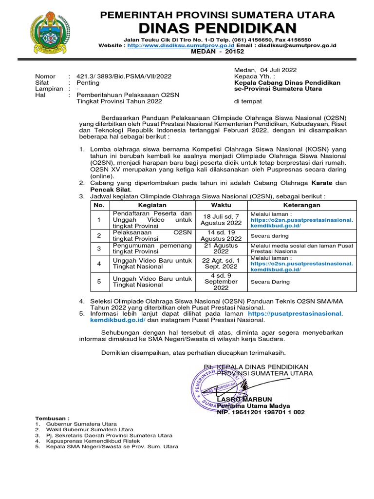 Surat O2SN 2022 Tingkat Provinsi | PDF