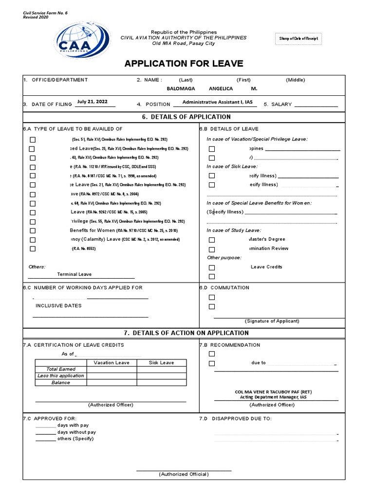 CS Form No. 6, Revised 2020 (Application For Leave) (Fillable) 08!23 ...