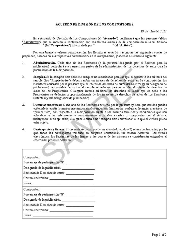 Split Sheet Ejemplo | PDF | Composiciones Musicales | Escritores