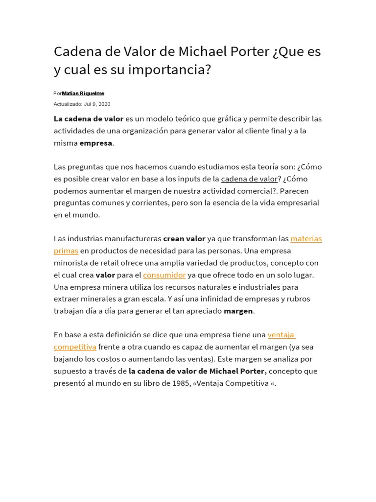 Cadena de Valor de Michael Porter | PDF | Cadena de valor | Logística