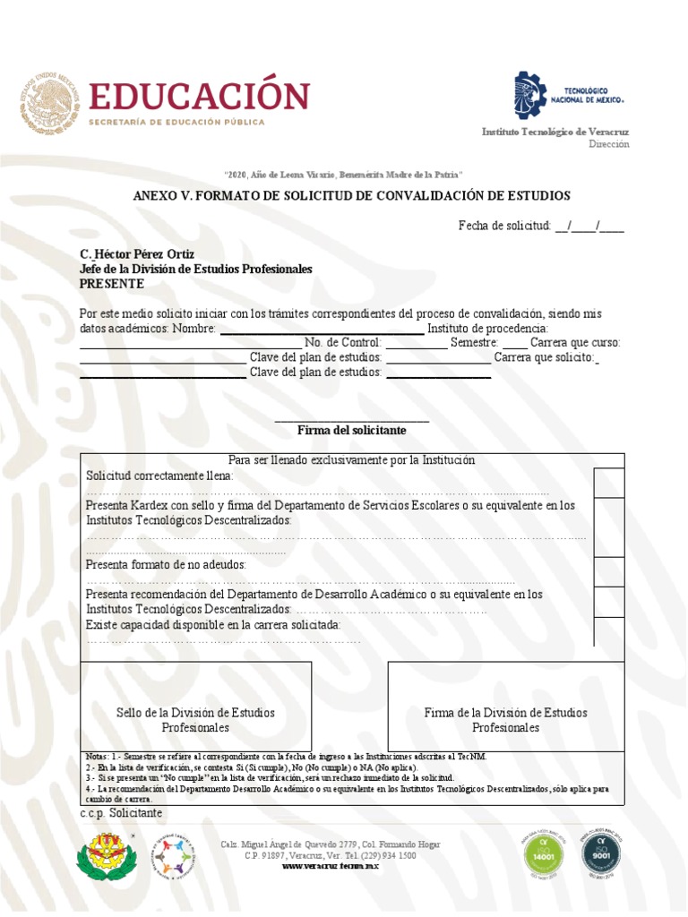 Anexo v. Formato de Solicitud de Convalidacin de Estudios | PDF