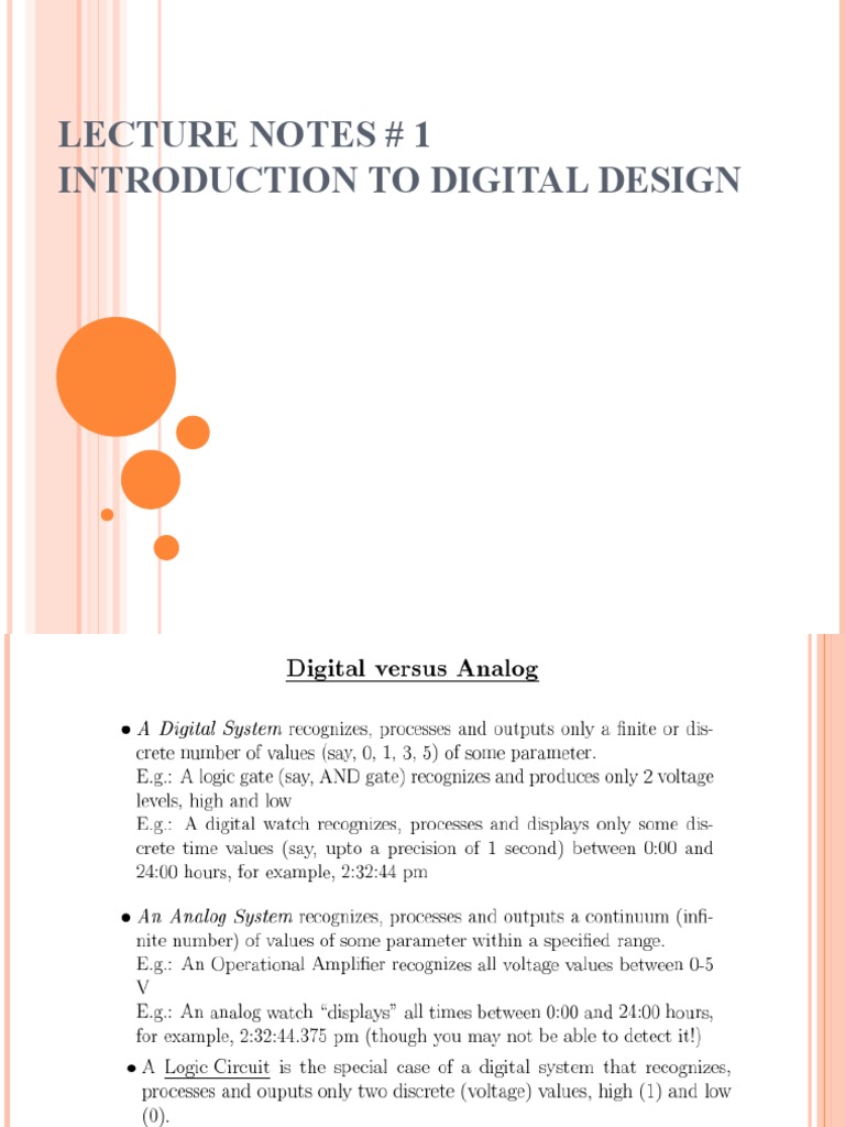 Lecture Notes 1 Introduction To Digital Design PDF Logic