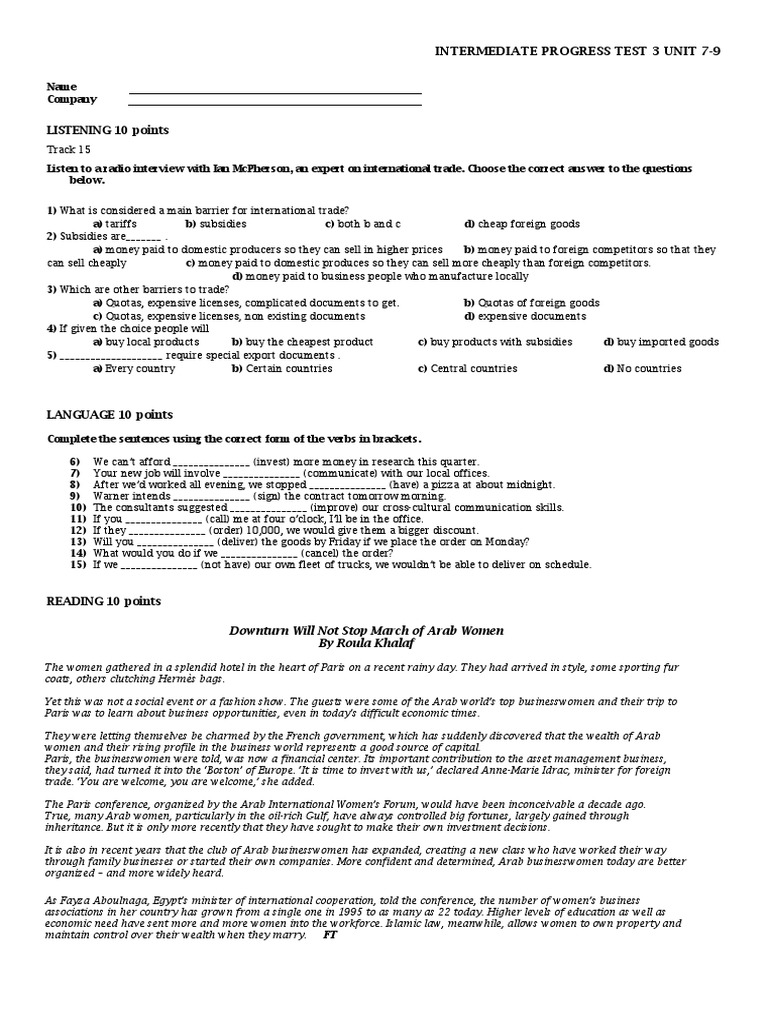 Intermediate Progress Test: Units 7-9 | PDF | Exports | Economies