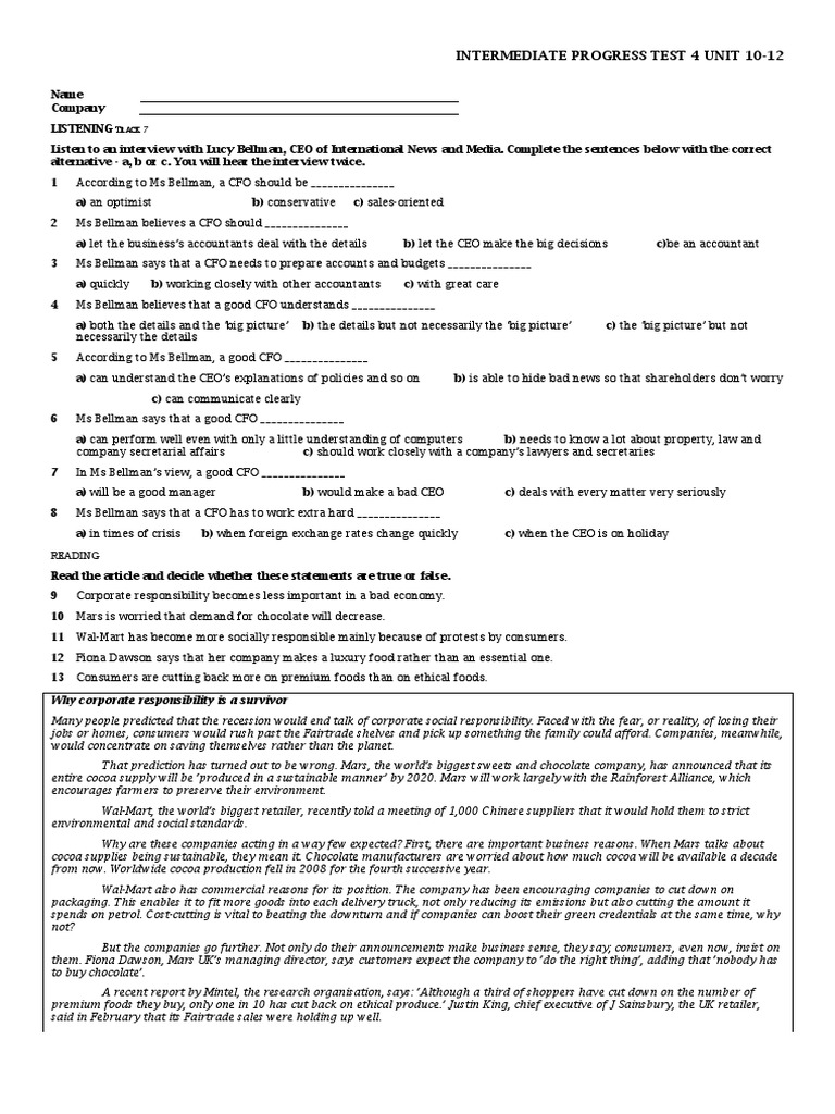 Intermediate Progress Test 4 | PDF | Corporate Social Responsibility ...