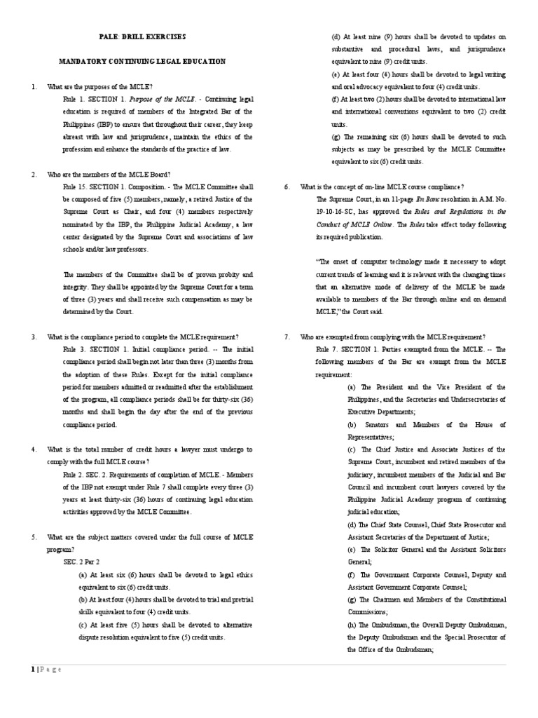 Pale Drill Exercises Mandatory Continuing Legal Education Conduct of