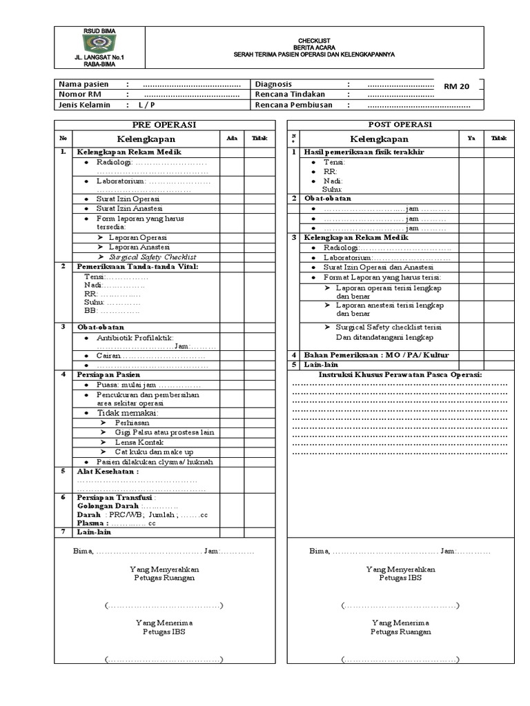 Check list bap serah terima pasien operasi pdf
