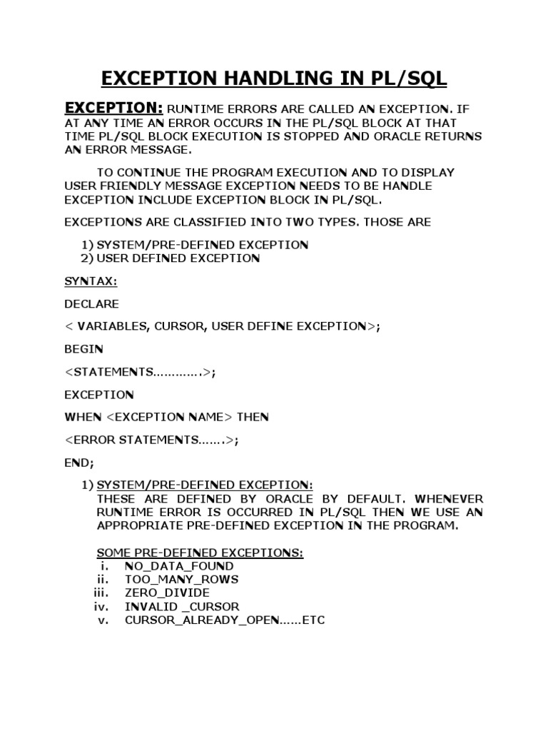 Exception Handling in PL/SQL | PDF | Pl/Sql | Software