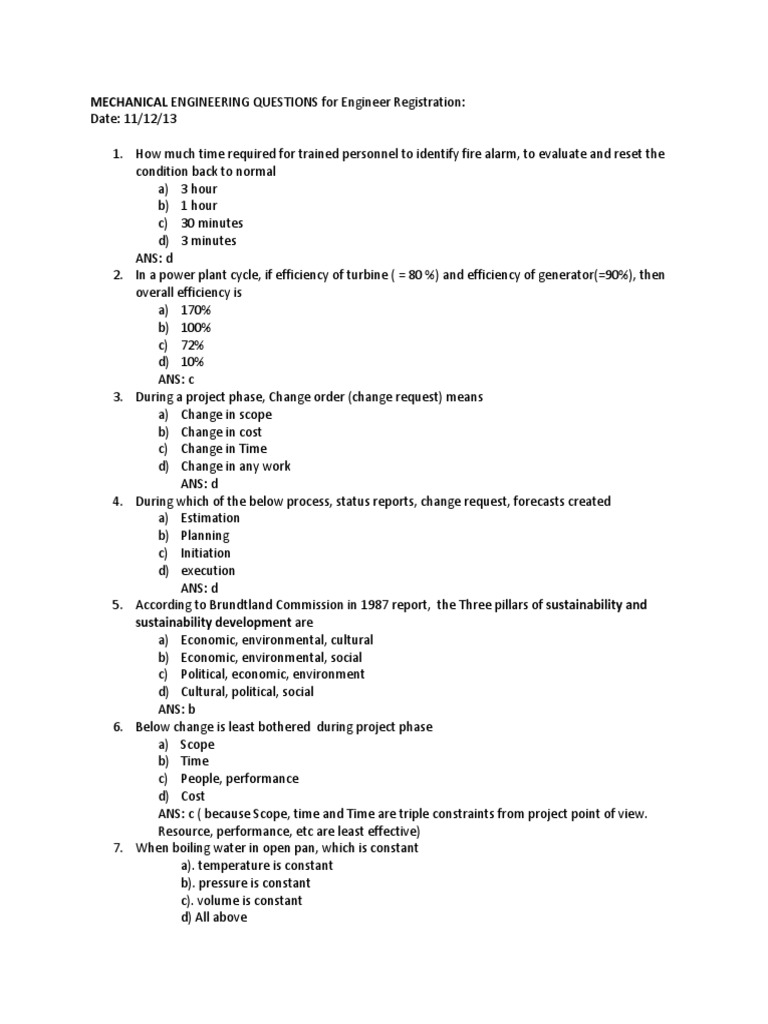 Mechanical Engineering Questions for Engineer Registration A