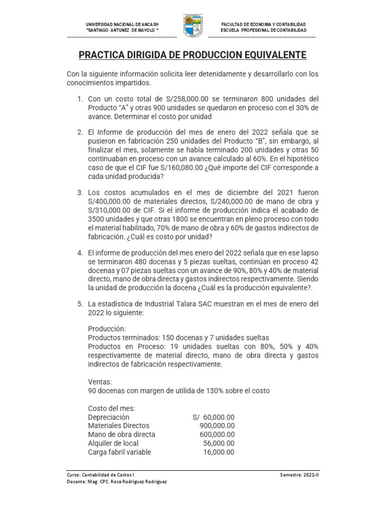 Casos Practicos de Produccion Equivalente | PDF | Costo | Contabilidad ...