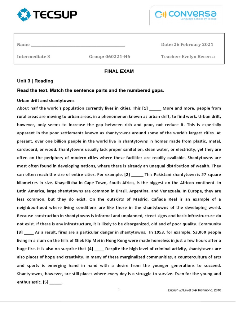 Final Exam Intermediate 3 | PDF | Shanty Town | City