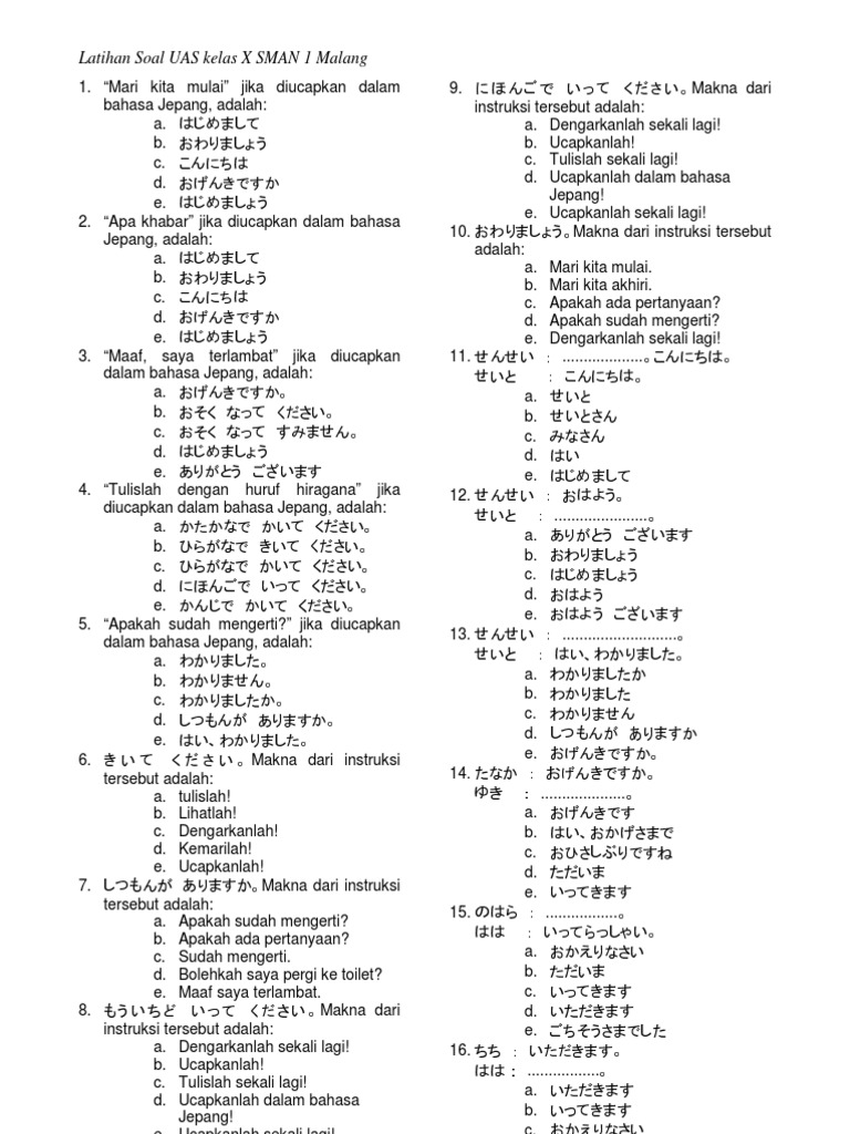 Contoh Soal Bahasa Jepang Kelas 12 Rismax