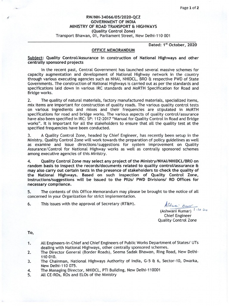 Office Memorandum Regarding Quality Control and Assurance | PDF