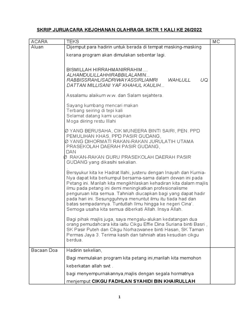 Skrip MC Kejuaraan Olahraga SKTR 2022 | PDF | Karier & Perkembangan