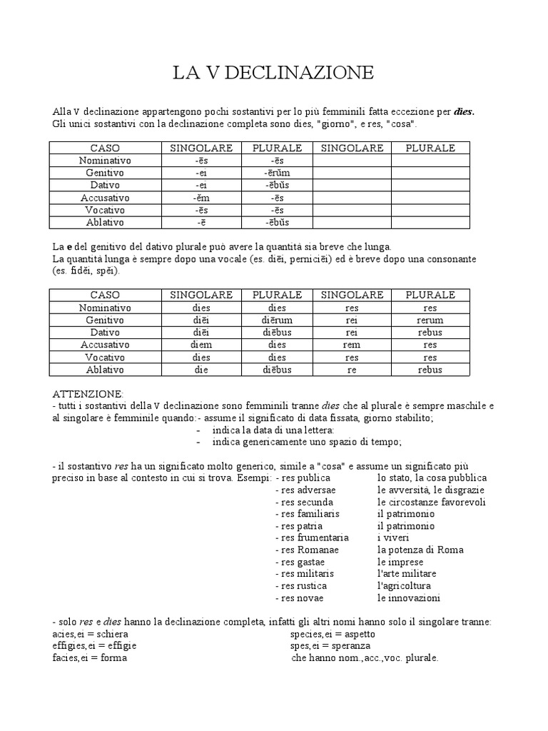 La V Declinazione Latino PDF