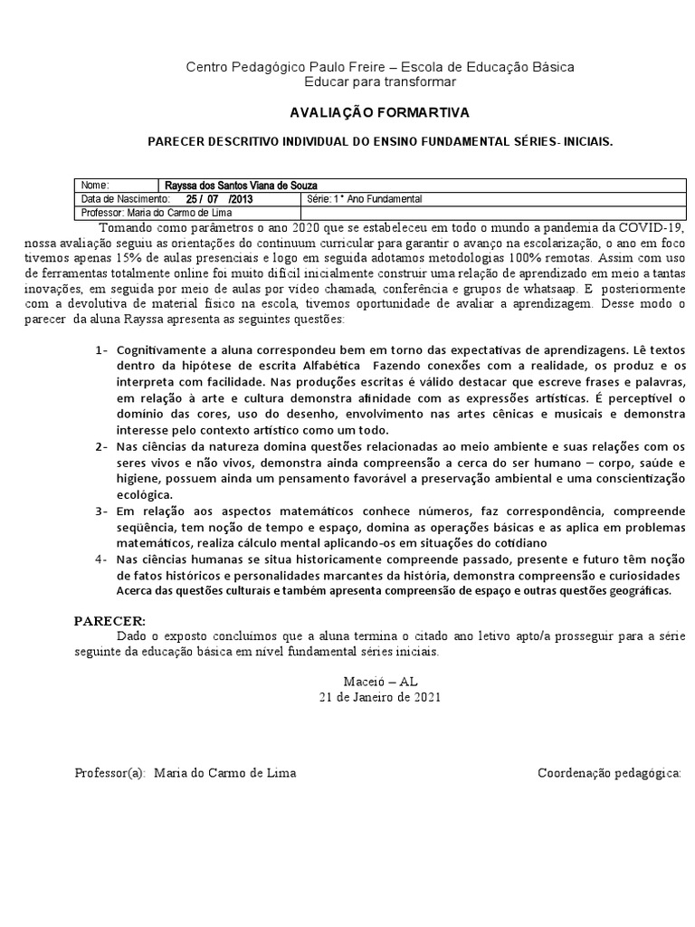 Parecer Descritivo 1º Ano Fundamental | PDF | Aprendizado | Science